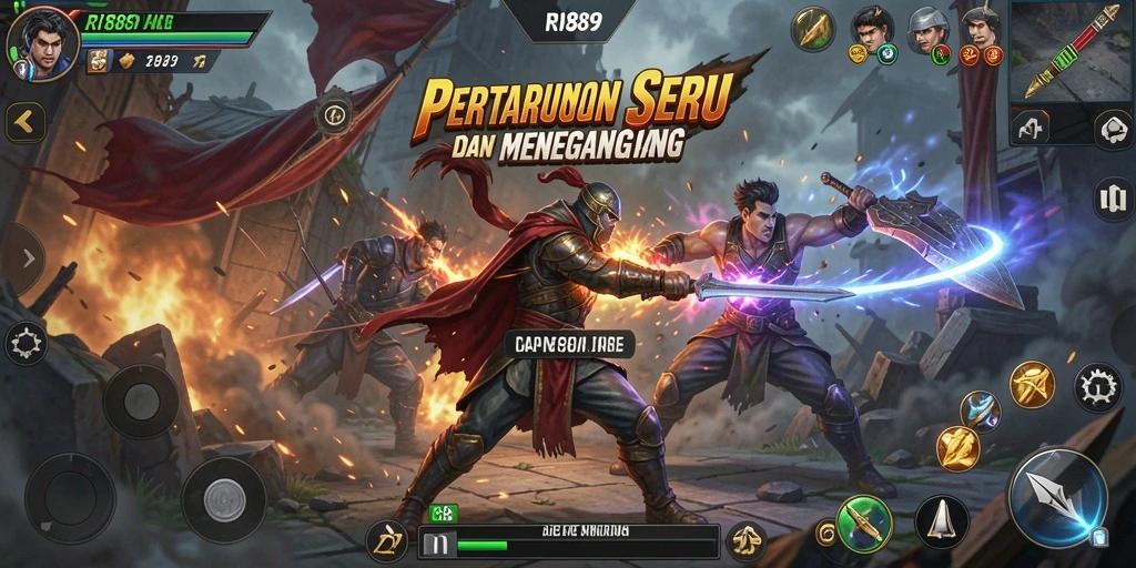 Screenshot gameplay RI889 menunjukkan pertarungan seru antara karakter-karakter unik.