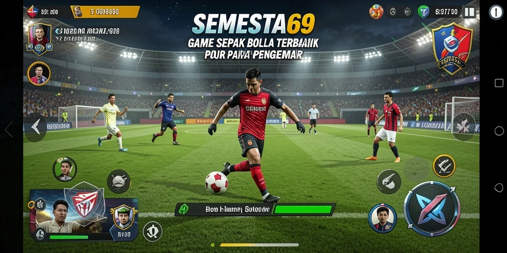 Screenshot gameplay SEMESTA69 menampilkan aksi sepak bola yang menegangkan.